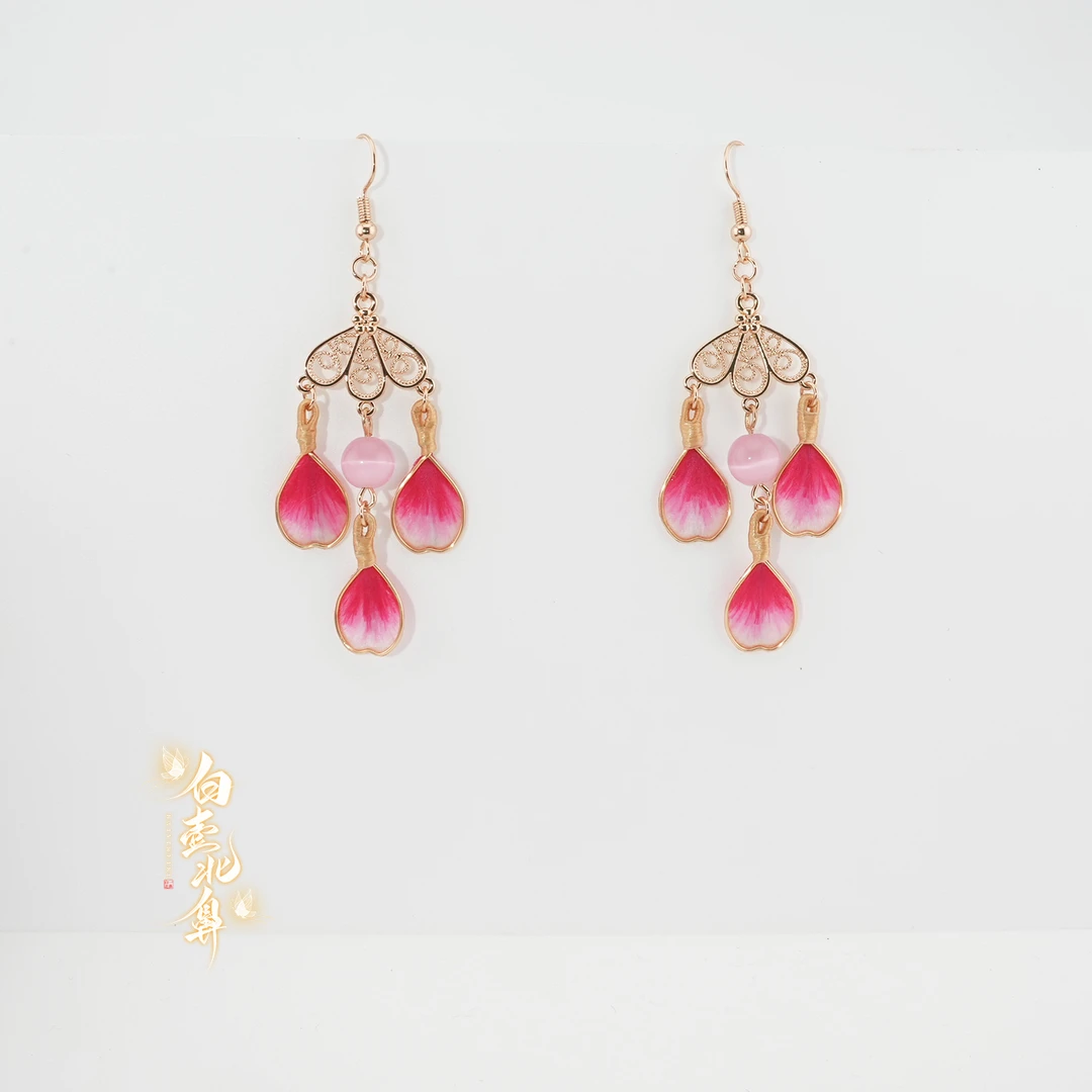 铜合金耳饰 白壹北鼻【桃红花瓣耳环】手工原创 百搭古风简约日常