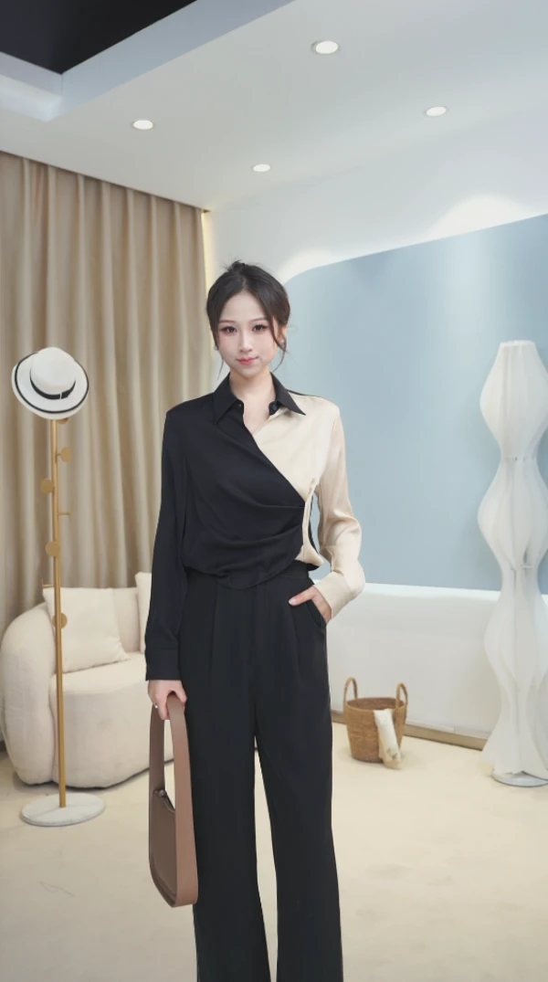 【高品蚕丝】原创设计长袖衬衫撞色衬衣不规则小衫K25FC047