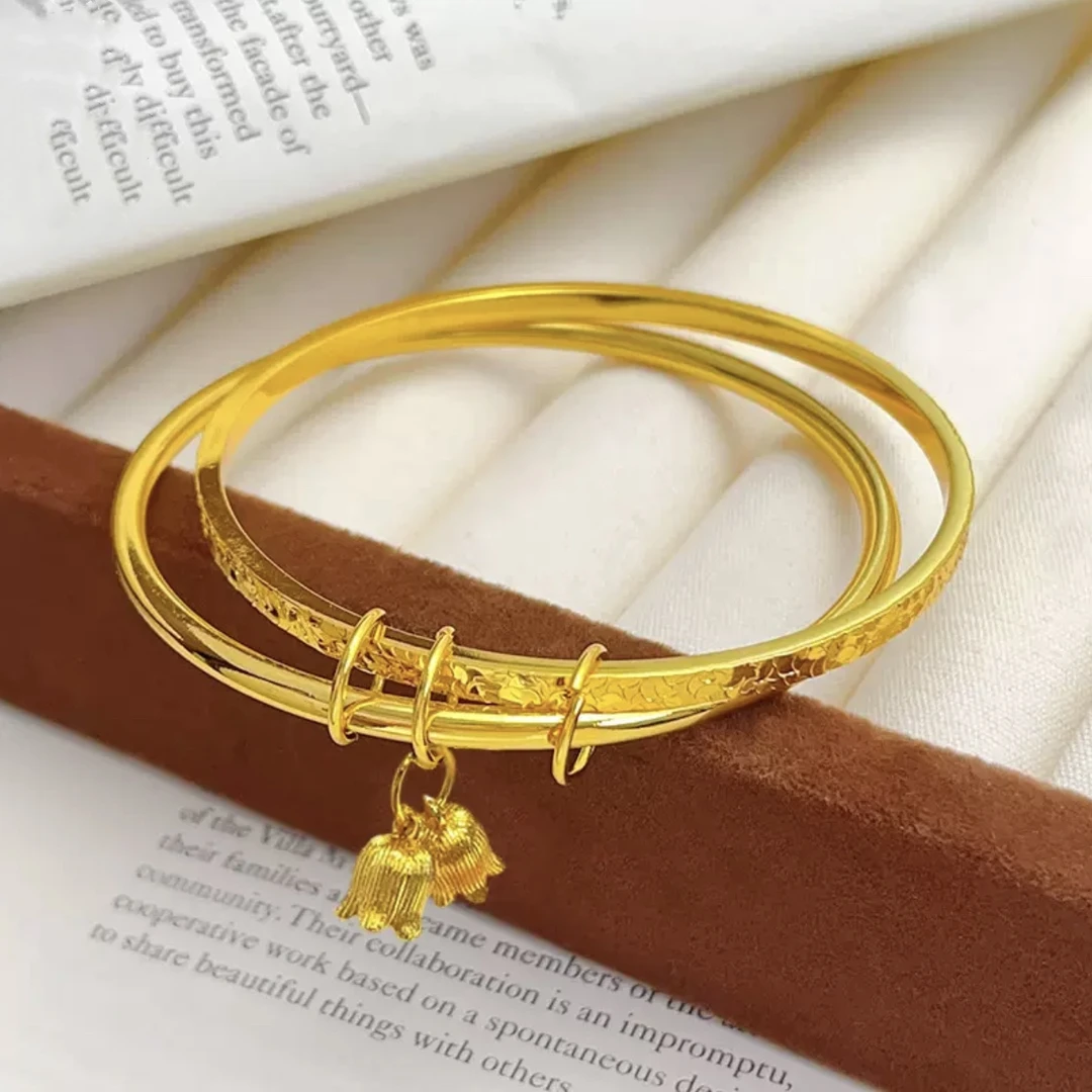 铜合金手镯 新中式国潮兰花碎碎冰双环手镯亮面素圈高级轻奢手镯