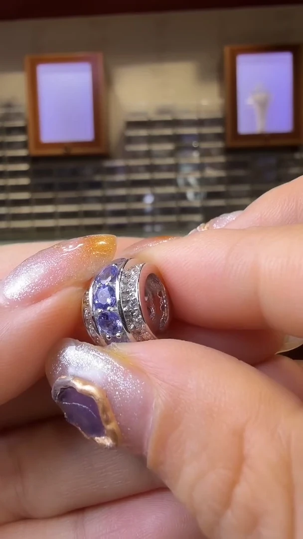 银S925镀金镶嵌吊坠定制坦桑石转转珠