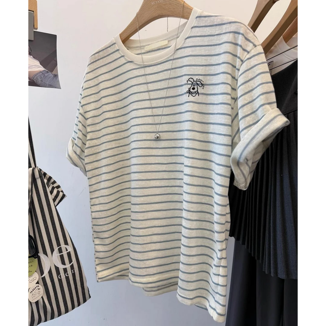 2025年春夏新款小狗熊条纹苎麻两色T恤圆领休闲短袖上衣女tee韩系