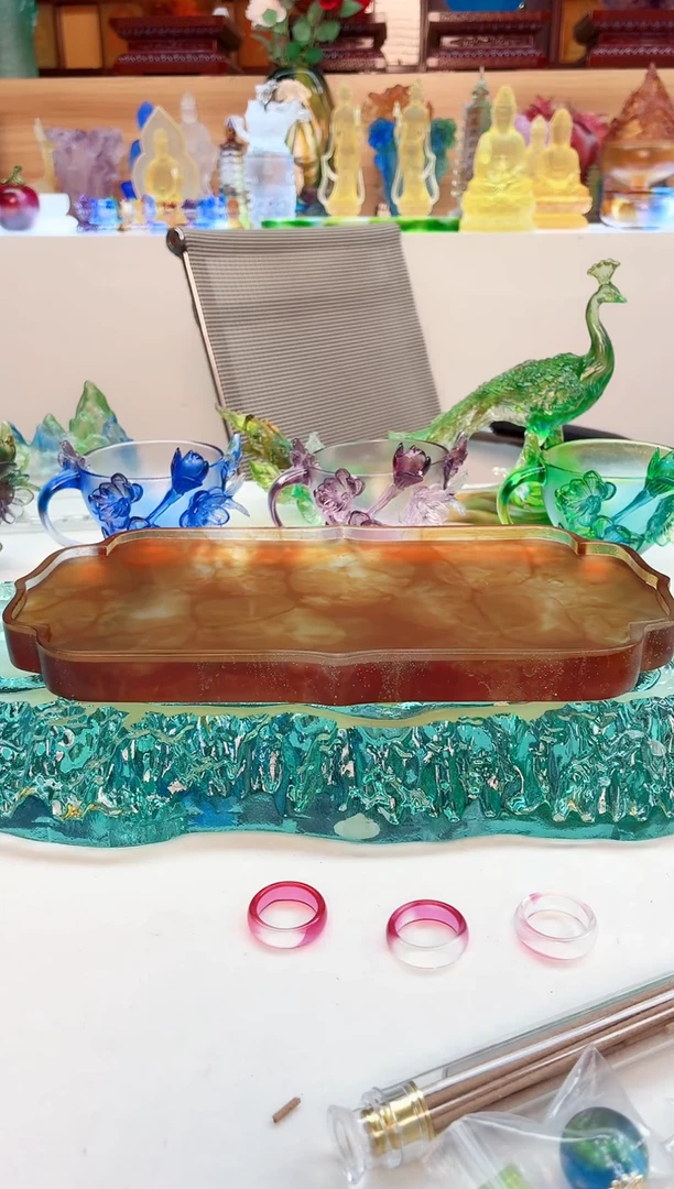 手工艺品琉璃琥珀色干泡台壶承26*14.5公分