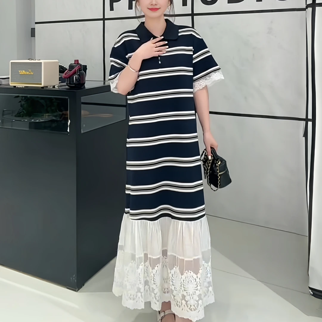 蕾丝钩花翻领连衣裙2025夏季大码胖MM拼接条纹流行独特短袖裙子女