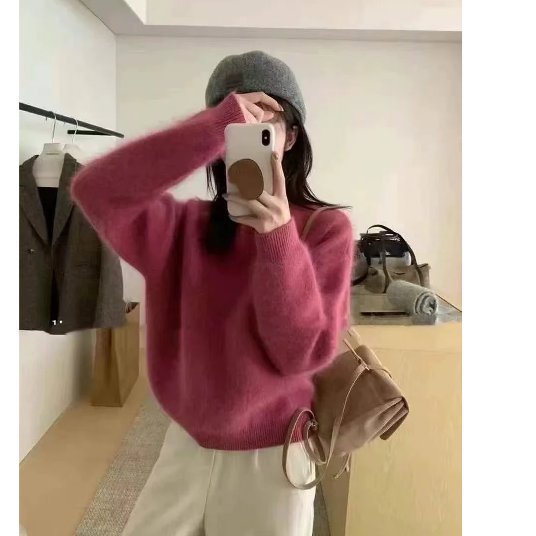 粉色~洋气毛衣套头女宽松百搭圆领慵懒风针织衫外套气质上衣