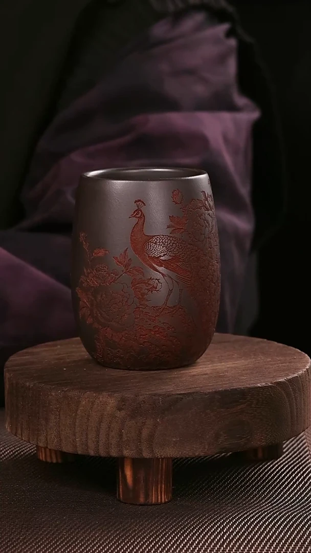 茶杯紫砂富贵春晖紫砂手工刻绘主人杯200CC