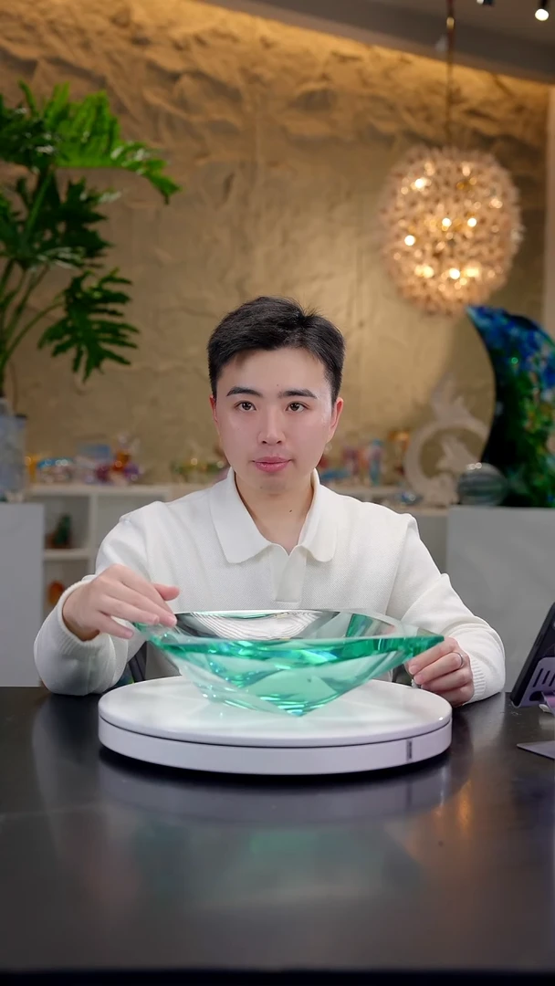 手工艺品琉璃湖水绿钻石切面果盘+底座