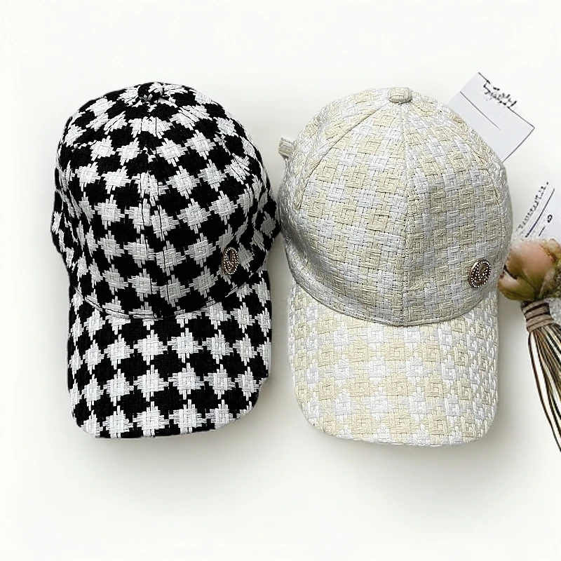 E8505 韩版棋盘格水钻M标百搭休闲棒球帽