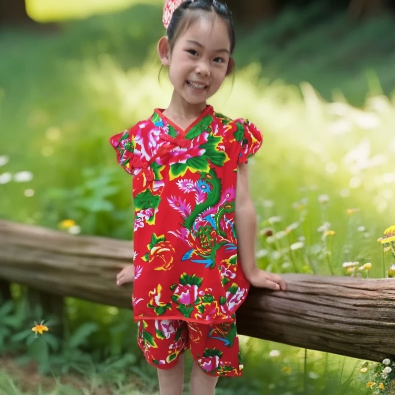女童新款中风儿童夏季套装汉服红色东北大花吉祥喜庆