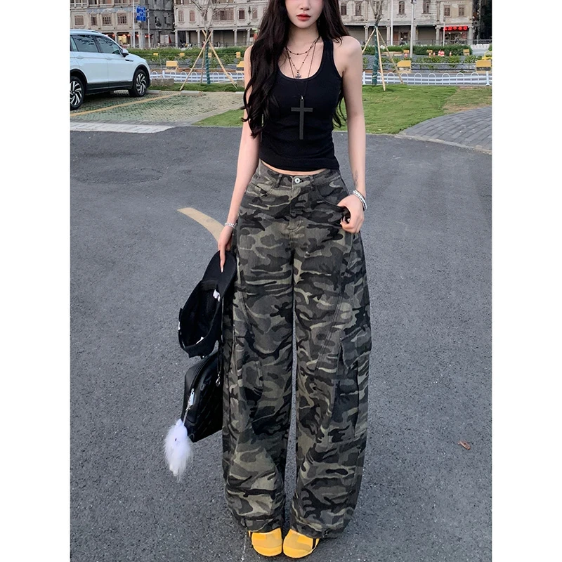 【清仓+运费险】美式迷彩风工装弯刀牛仔裤女高腰宽松显瘦休闲长裤