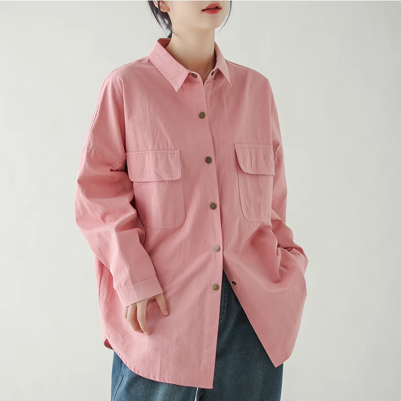 日系棉麻粉色中长款衬衣外套宽松休闲百搭设计感纯色翻领衬衫女潮