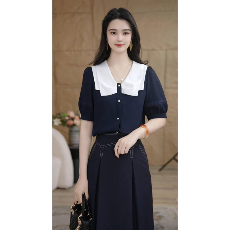 【小陈甄选】8592505藏青色短袖衬衫女夏季设计感小众气质宽松洋气