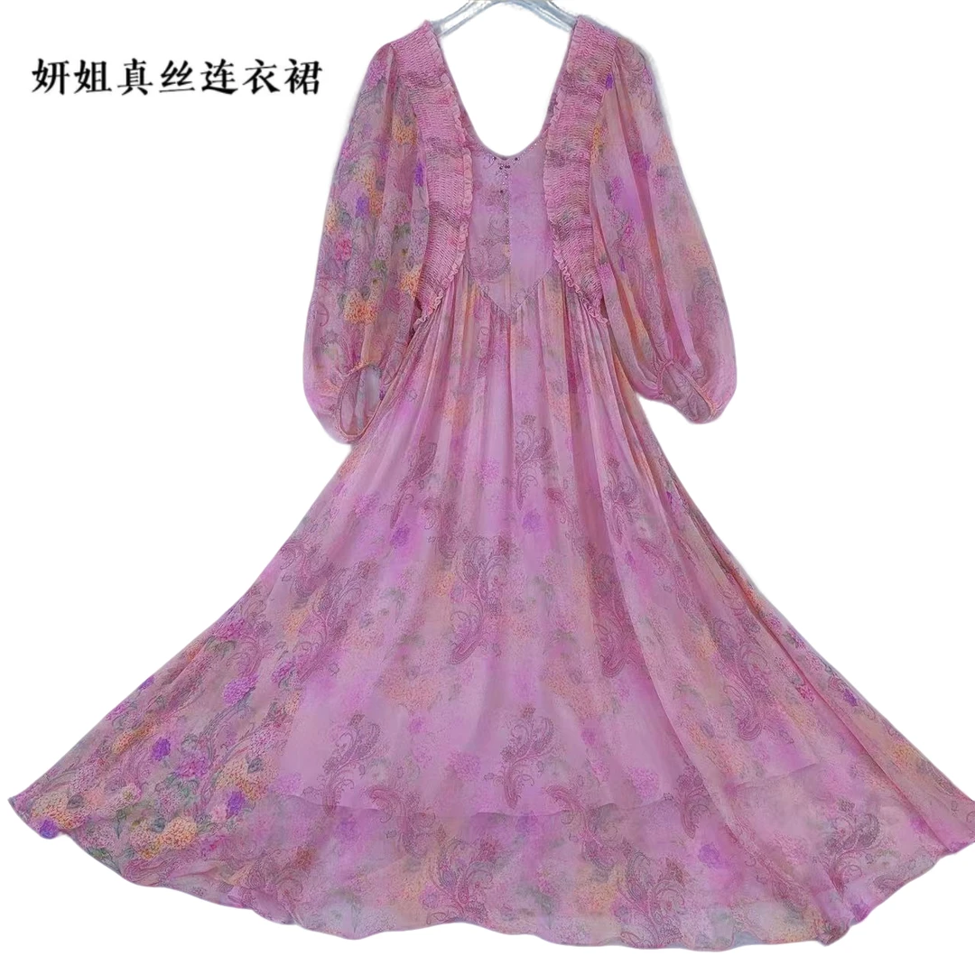 妍姐2025春夏新款花V领修身长裙高端走秀真丝连衣裙 粉色 25S8008
