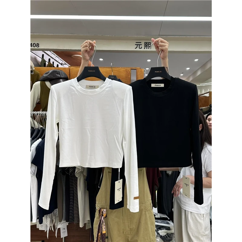 元熙！垫肩高腰！慕斯羊绒！秋装修身短款长袖t恤女装打底衫8197