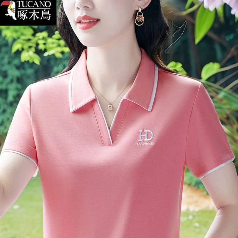啄木鸟夏季短袖刺绣翻领拼色T恤2025年新款减龄显瘦高级感上衣女