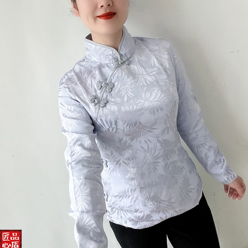 傲雪原创开襟中式提花常规上衣复古立领气质长袖秋季时尚国风上衣