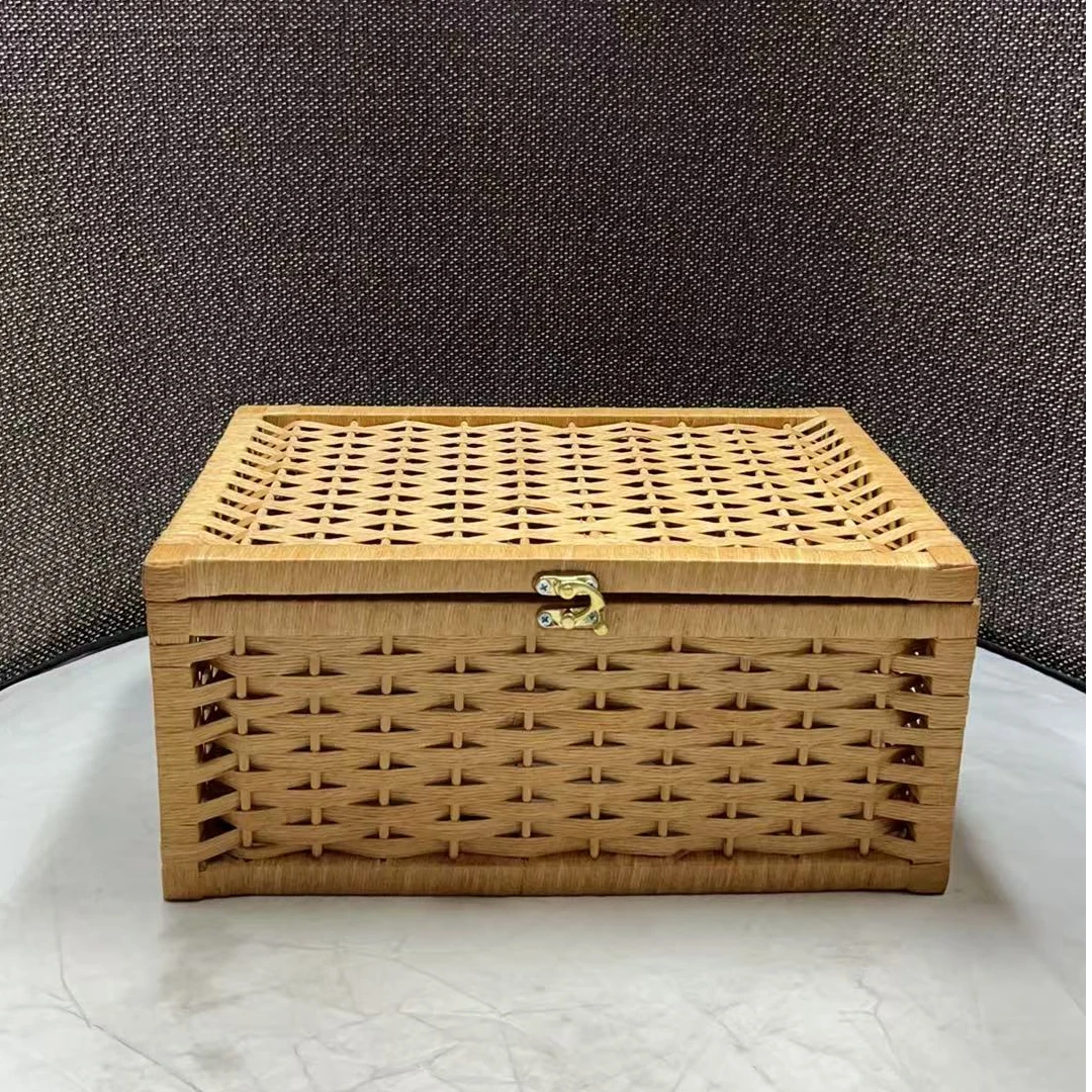 3597瑕疵款 长36宽25高17cm 家用牛筋绳编织带盖收纳筐桌面储物篮