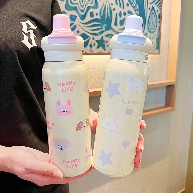 新款可爱陶瓷内胆吸管保温杯女高颜值网红双饮学生便携运动水杯半