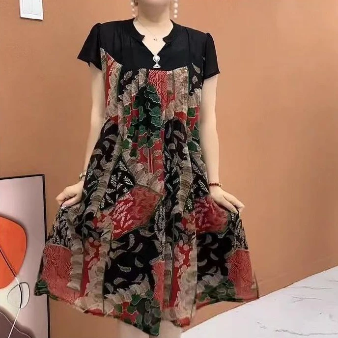 时尚宽松减龄碎花拼接连衣裙夏季高档休闲显瘦气质中长款短袖裙子