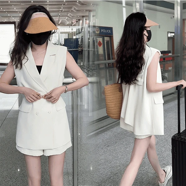 时尚法式无袖西装套装女夏款高档感小个子洋气漏背外套短款两件套