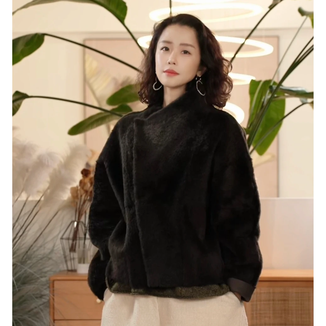 库茵 叭哒不惑 墨夜 拉贡羊皮毛一体时尚宽松外套