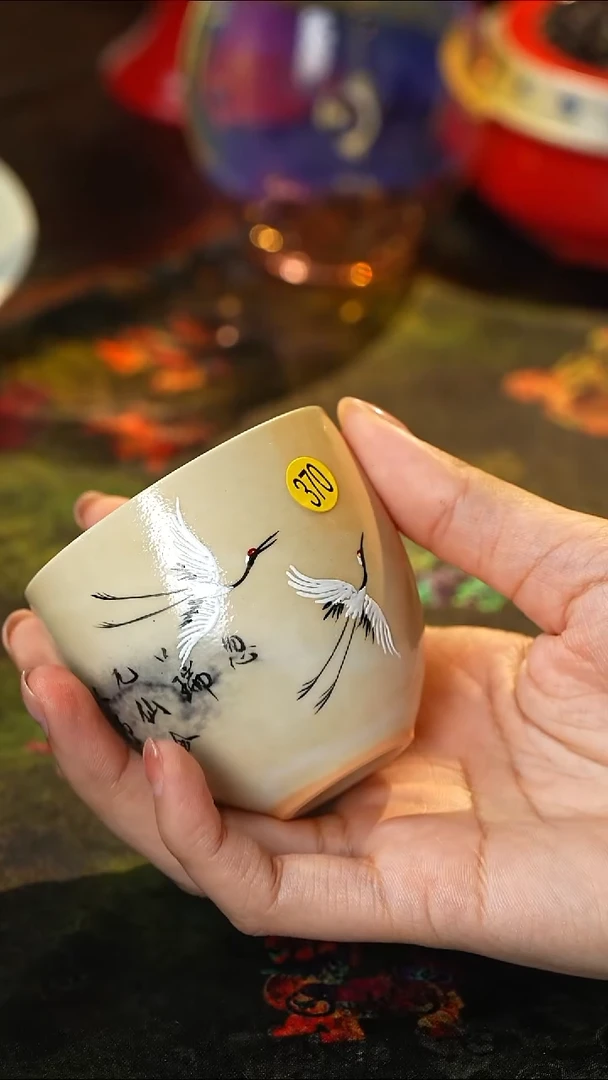 景德镇高温纯手工手绘仙鹤窑变主人杯370