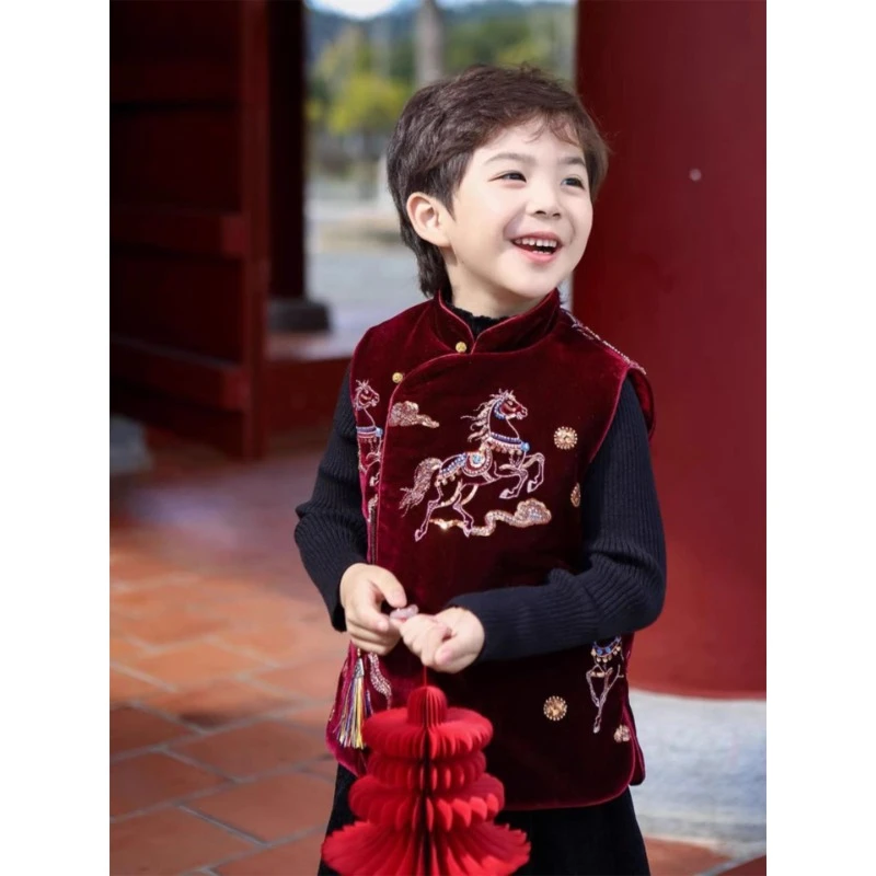 男童拜年服新中式儿童唐装2025新款冬季加绒汉服马甲中国风过年服