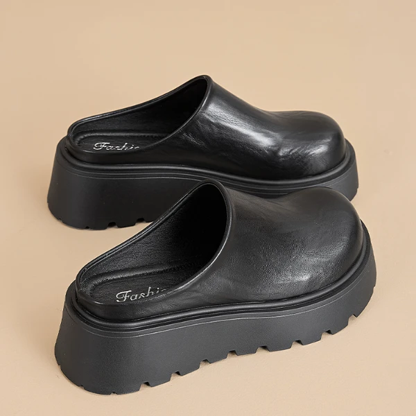 拉夏贝尔冬季轻职风厚底松糕底百搭凉拖圆头高跟春夏包头拖凉鞋