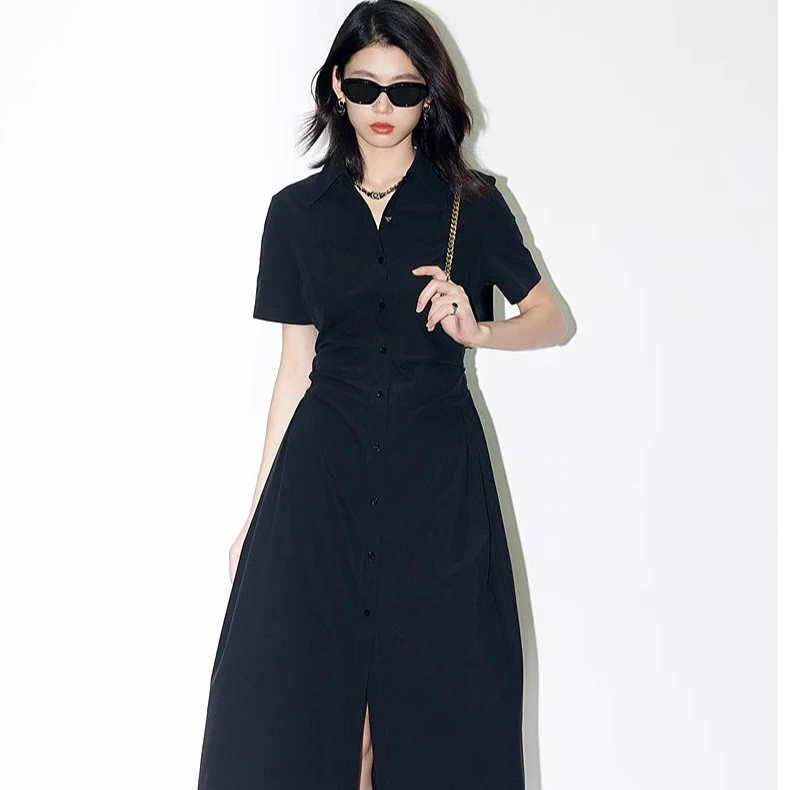 仿佛连衣裙夏季新款气质POLO领收腰通勤黑色设计感小黑裙FF02064