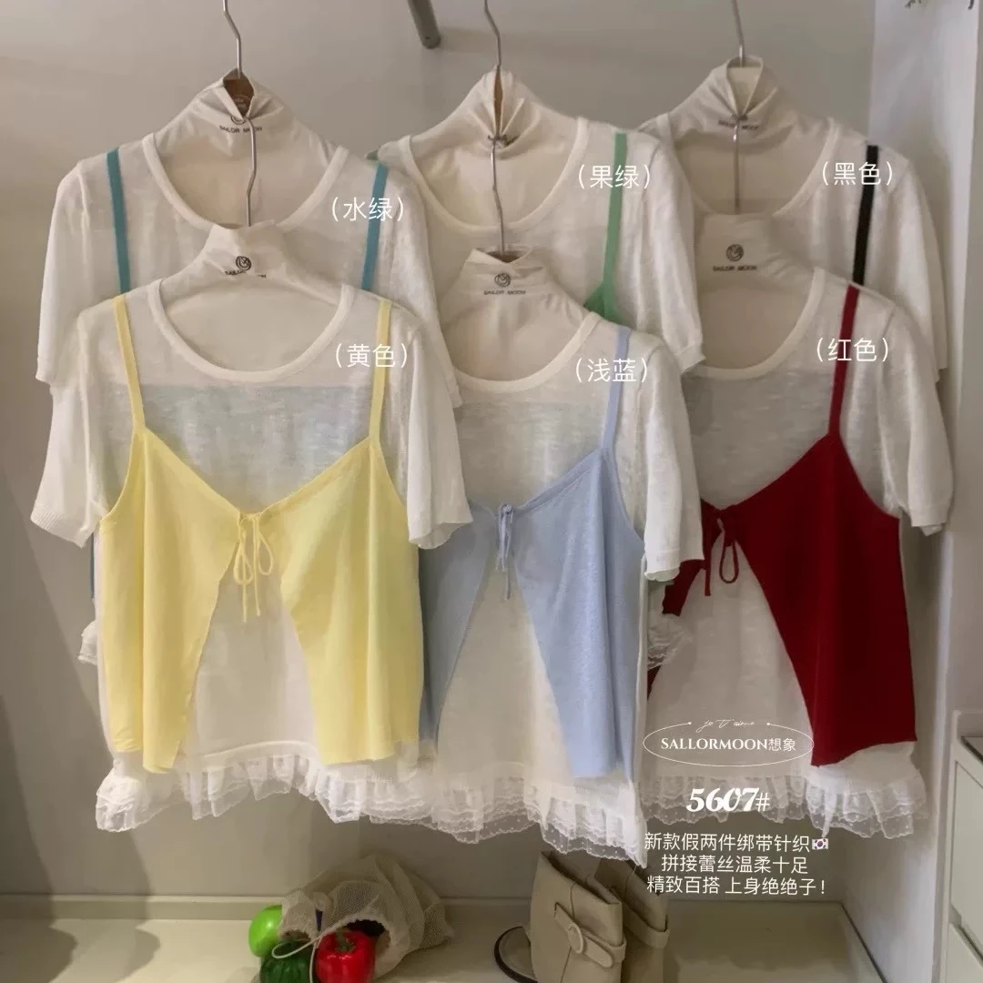 今年爆款韩系设计感假两件系带蕾丝针织衫2025夏季甜美减龄上衣女