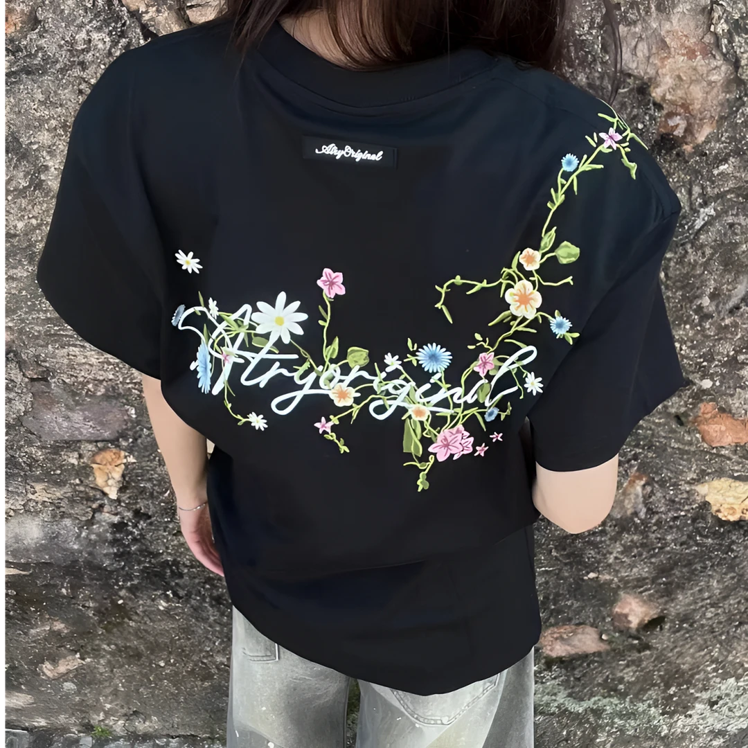 潮牌刺绣植物花卉纯棉美式复古短袖t恤男夏季圆领情侣装刺绣短袖