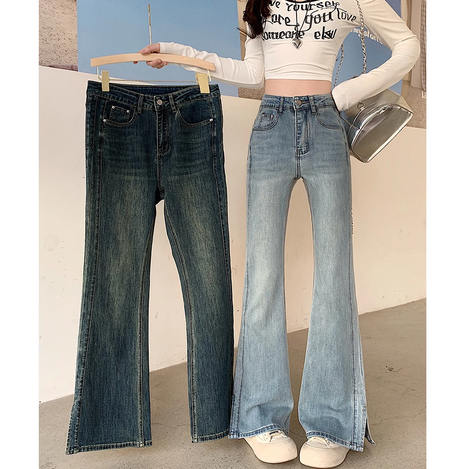 2025春装新款胖mm大码复古美式微喇牛仔裤高腰显瘦开叉长裤