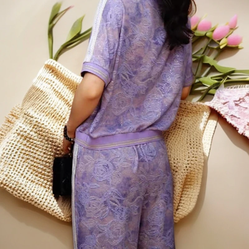 2025夏季潮流女紫色短袖T恤阔腿裤印花两件套显瘦百搭潮