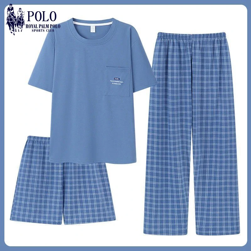 保罗男士棉质睡衣夏季薄款2025新款短袖短裤送长裤三件套家居服
