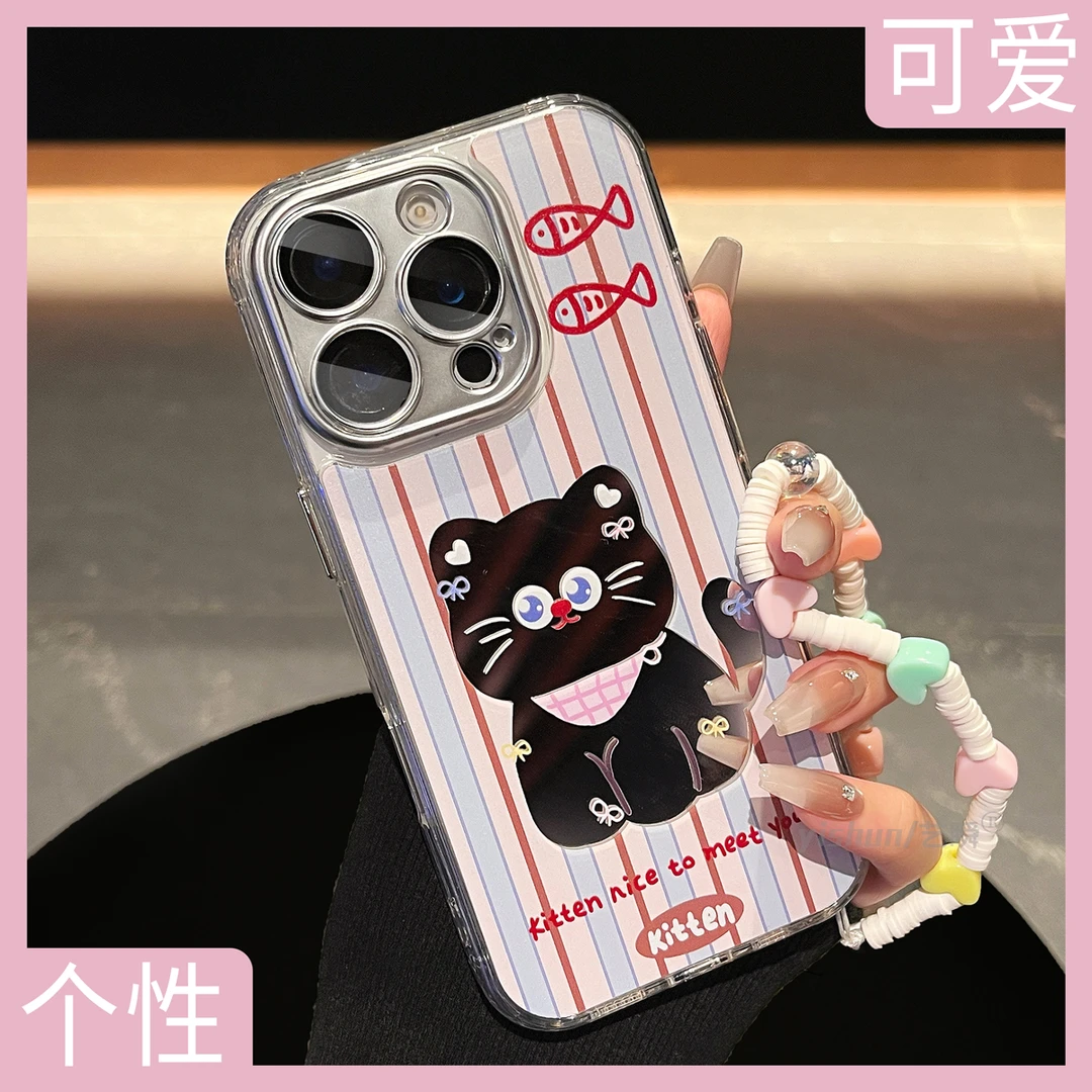 蓝白条纹镂空小猫镜面适用苹果手机壳16ProMax电镀镜面iPhone15pm