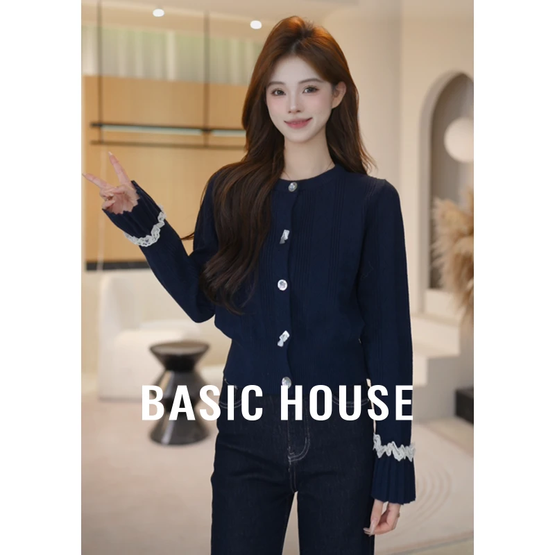Basic House/百家好秋季新款蕾丝千金风显瘦针织开衫B1195B51B52