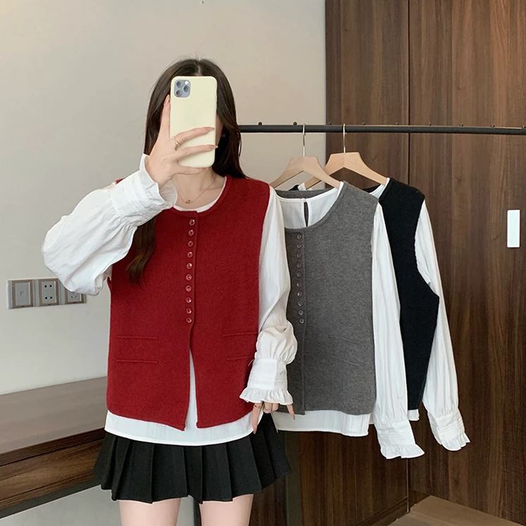 大码胖mm设计感针织马甲喇叭袖衬衫两件套女春季新款宽松藏肉上衣