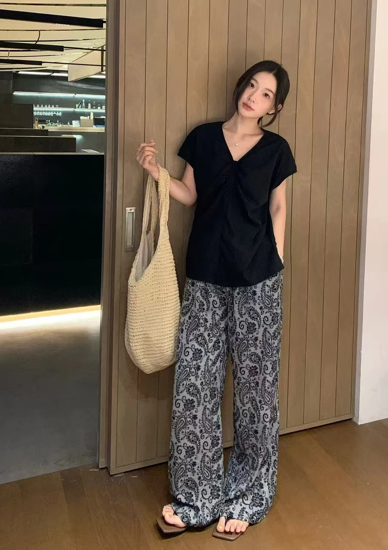 夏季休闲宽松短袖+花纹阔腿裤套装MD06T-0291