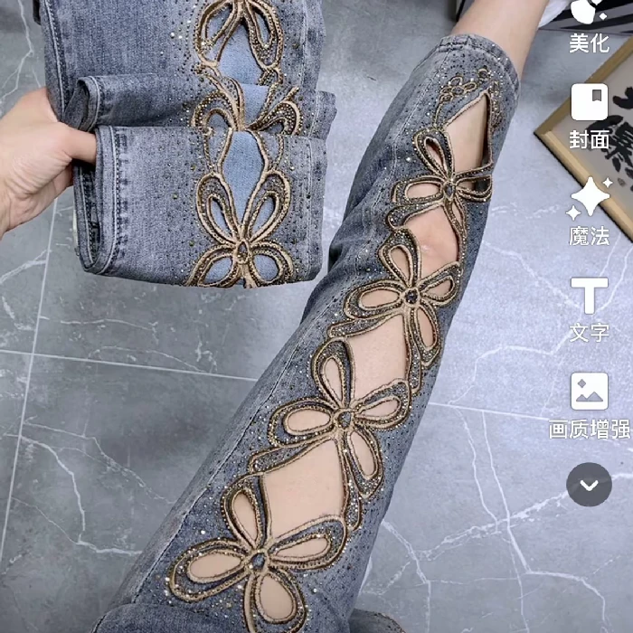 （无腰带）9886#重工艺镂空刺绣花型烟管裤W