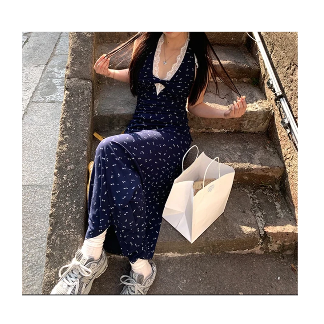 【繁花】春夏韩系碎花拼接蕾丝V领设计感连衣裙