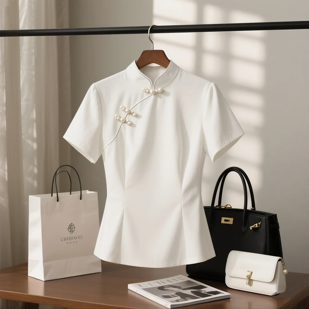 夏季2025爆款新中式轻国风收腰显瘦旗袍上衣轻奢高级感短袖T恤女