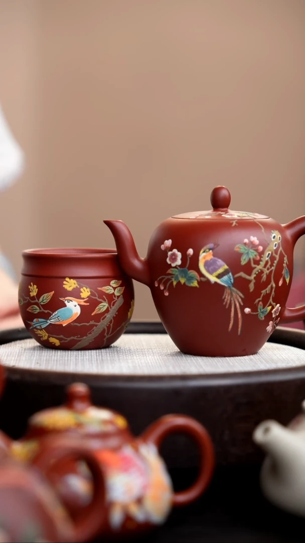 茶壶紫砂朱泥美人肩泥绘花鸟+杯