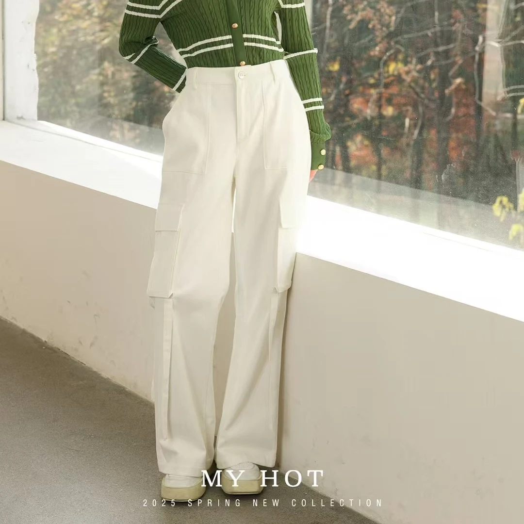 2025春季新款高腰直筒白色牛仔裤