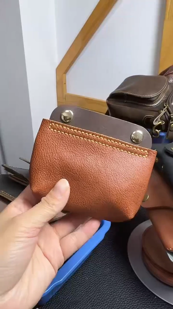 真牛皮卡包零钱包耳机包橙色