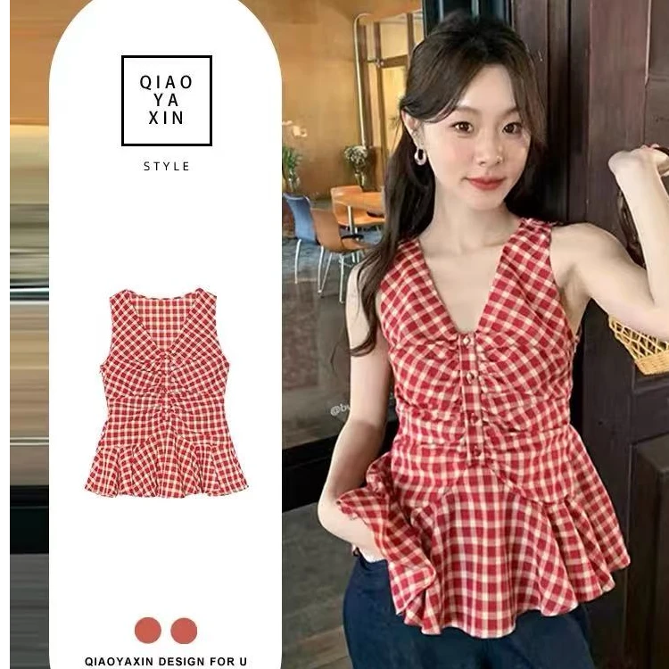 法式复古红色格子无袖背心女夏季收腰设计感小众褶皱别致V领上衣