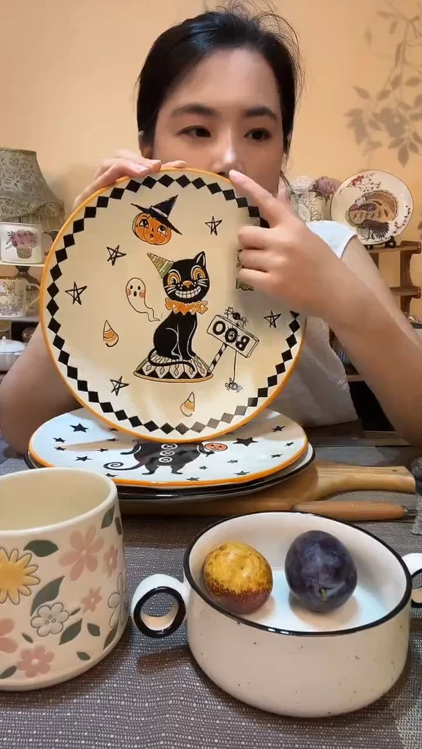 瓷片10.5英寸黑猫盘 微瑕介意勿拍
