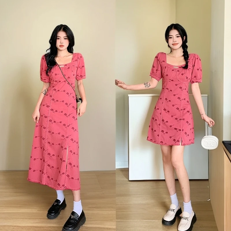 夏季大码新款粉色中长款气质薄款碎花时尚微胖大码显瘦连衣裙女装