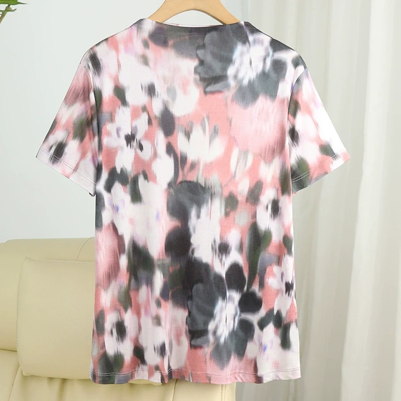 直播推荐新款女士真丝针织休闲印花自由领短袖上衣套头衫D6017