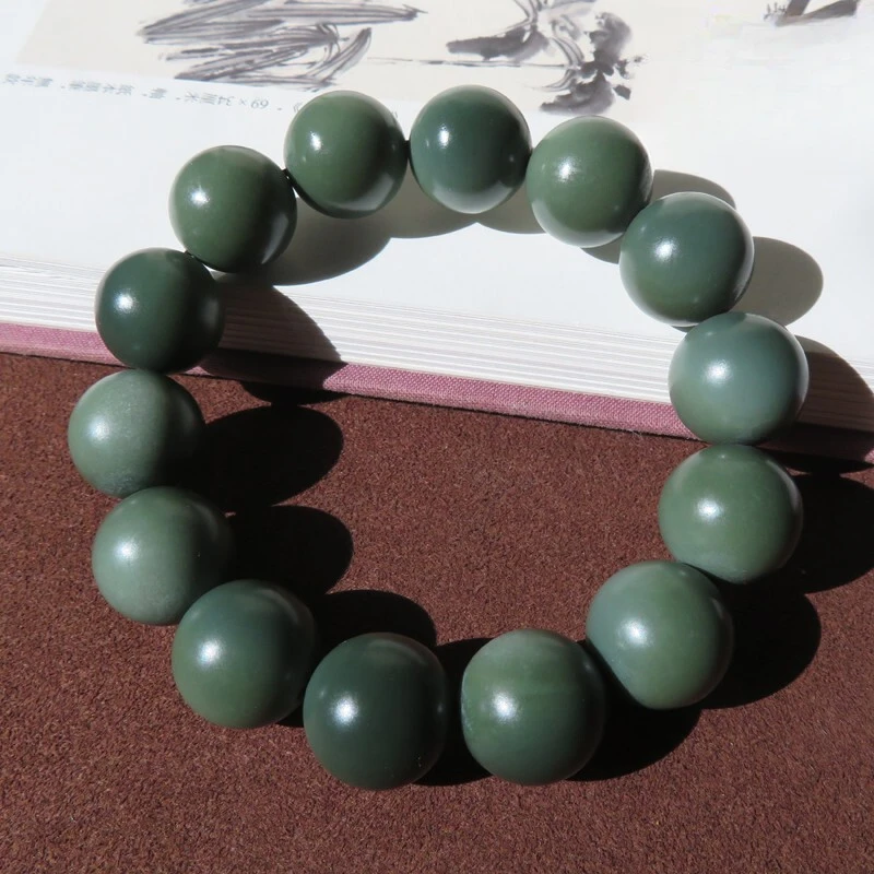 保真新疆和田玉老坑熟沙枣青一细上等玉石手盘渐变豆青色圆珠手串