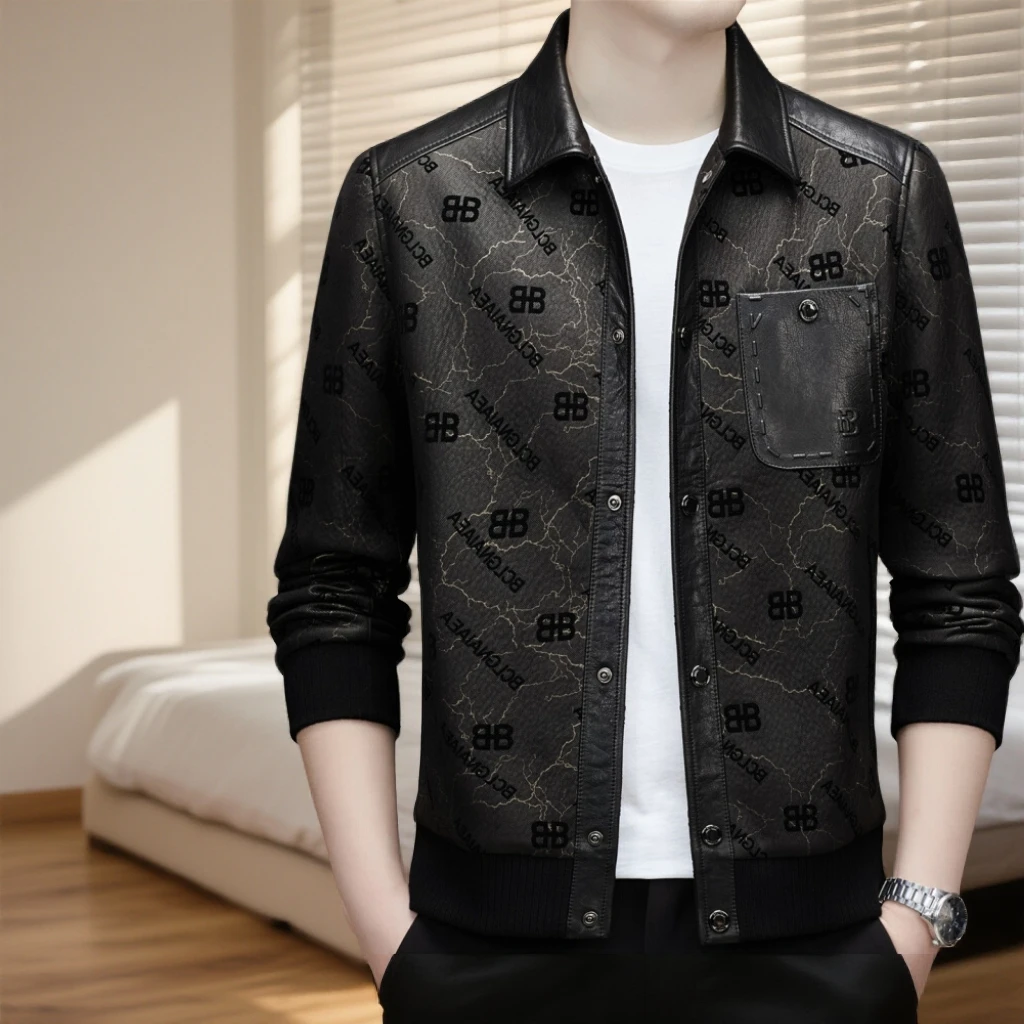 GUNEBOLURWA高端男士牛皮拼接秋冬新款翻领夹克外套按扣厚款潮流