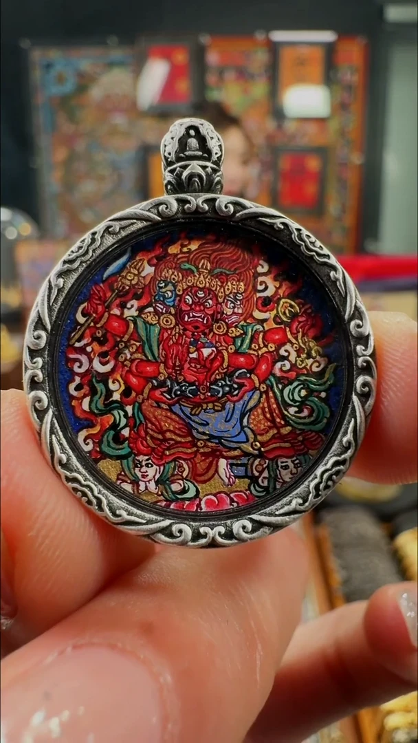 吊坠壹善缘城手绘唐卡红C2.0双面银壳